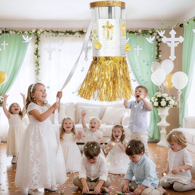 WERNNSAI Baptism Spinning Piñata - Baptism Spinning Party Supplies Piñata Bundle with DIY Stickers for Baby Sacrament Theme Birthday Party Game Decorations (13" x 7.8" x 7.8")