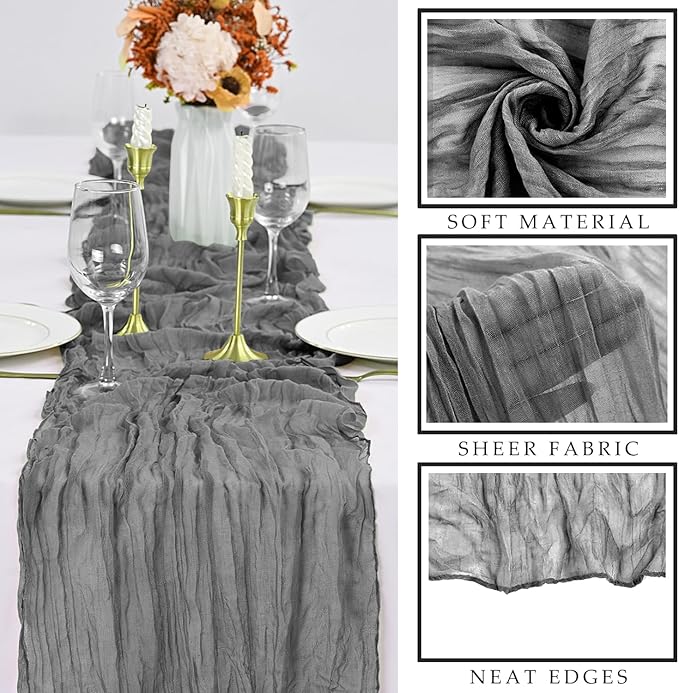 6 Pcs Gray 35 x 120 Inches Long Cheesecloth Table Runner 10FT Runner for Tables Gauze Fabric Boho Table Runner Decoration Rustic Semi Sheer Runner for Wedding Baby Shower Birthday Party (Gray)