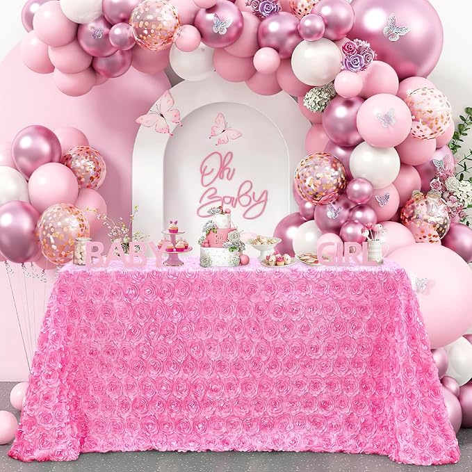 B-COOL Pink Rosette Tablecloth 90x132 Inch Rectangular Pink Satin Table Covers 3D Floral Tablecloths Boho Wedding Girls Party Birthday Table Decoration