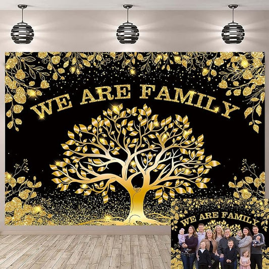 Family Reunion Backdrop Black Gold We are Family Photography Background Family Tree Banner for Welcome Home Member Gathering Party Decorations Supplies Photo Props (120x96 inch (10x8FT))