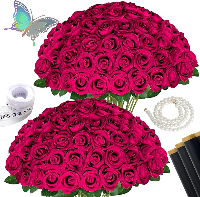 50 Pcs Fake Roses Burgundy Artificial Flowers Bulk, Faux Velvet Silk Rose Bouquet with Long Stems Real Look for Wedding Party Centerpieces Vases Decor