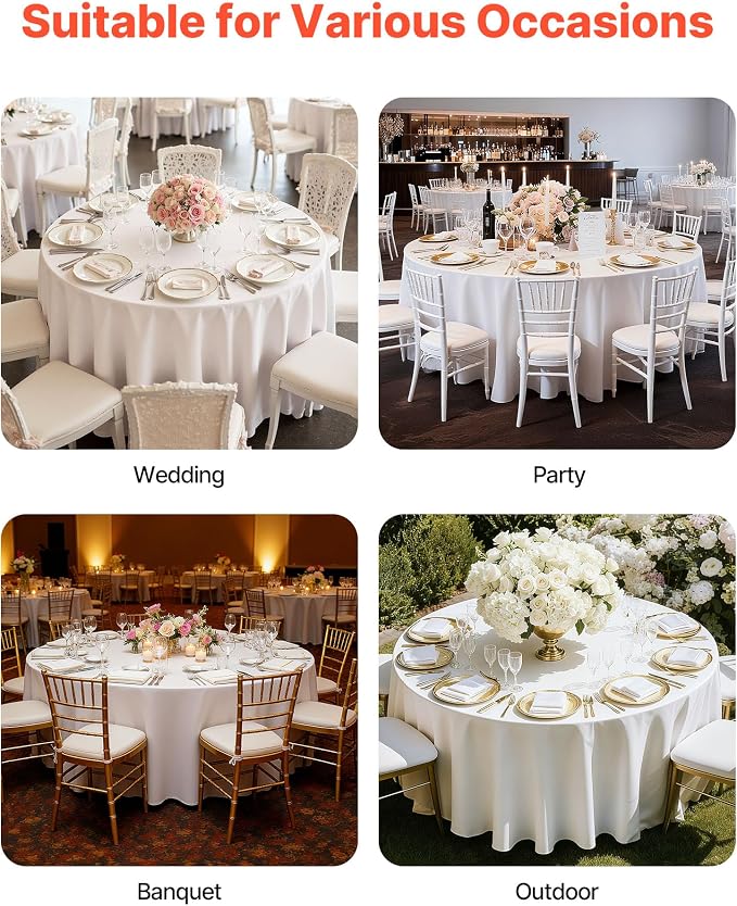 VEVOR White Round Tablecloths 10 Pack, 132 Inches in Diameter, Stain- & Wrinkle- Resistant, Machine Washable Table Clothes, Polyester Fabric Table Covers for Wedding, Party, Banquet, Formal Events