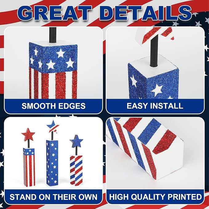 COCHIE 4th of July Decorations Set, Red White Blue Decor, Wooden Patriotic Memorial Day Tiered Tray Decor, Labor Day Decorations, Fourth of July Decoration for Home Office Table (Flag Shinny)