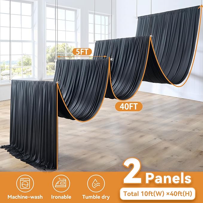 10ft x 40ft Black Ceiling Drapes for Wedding Parties, Wrinkle Free Thick Polyester 40ft Extra Long Wedding Draping Black Ceiling Curtains Arch Drapery for Birthday Party Canopy Tent Decor