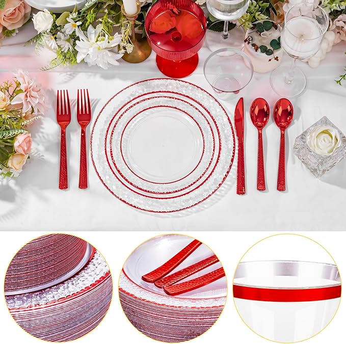 Ciaell 150 PCS Red Plastic Plates – Clear Hammered Disposable Plates with Red Rim include 50Plates, 25Forks, 25Knives, 25Spoons, 25Cups for Wedding & Party & Anniversary & Mother's Day