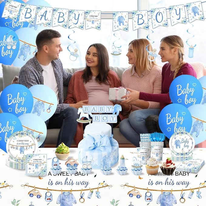 220 Pcs Blue Baby Shower Decorations 25 Guest All-in-One Party Supplies Kit with Disposable Tableware, Balloons, Hanging Swirl, Banner, Cake Toppper, Tablecloth for Baby Shower Decor