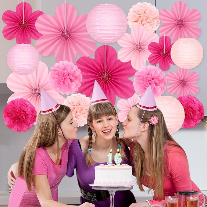 19 Pcs Pink Party Decorations, Light-Hot Pink Hanging Paper Lanterns, Paper Flowers Fans, Tissue Pom Poms, Floral Backdrop Wall Decor for Birthday Baby Showers Bridal Wedding Valentines Classroom