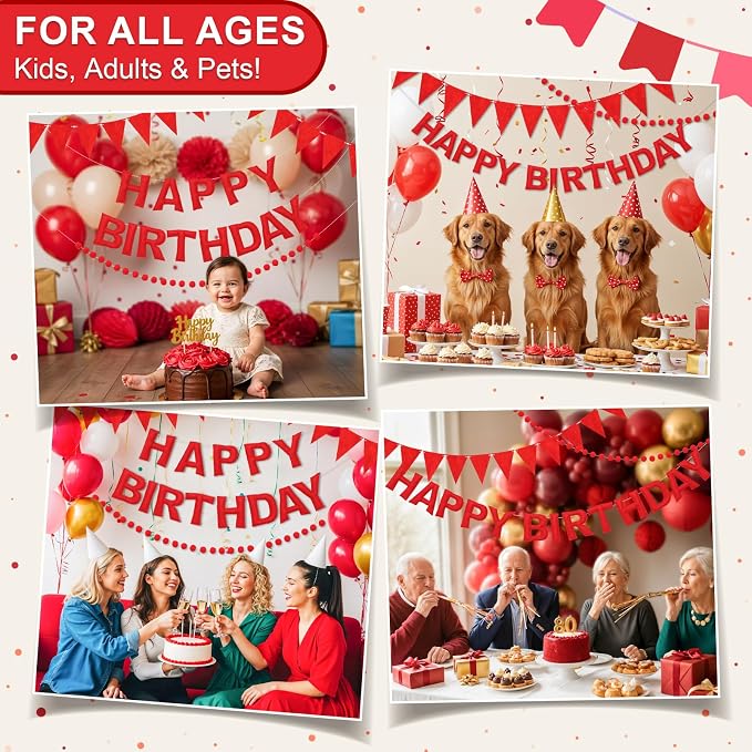 Pre-Strung Happy Birthday Banner & Felt Garland Set - Red Birthday Decorations for Women Girls | Reusable Party Supplies for Indoor & Outdoor