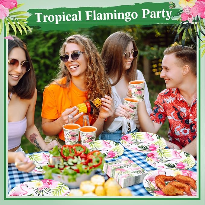 Funnymoom 250 Pcs Hawaiian Flamingo Party Decoration Luau Themed Paper Plates Napkins and Cups Tropical Hawaiian Tableware Set for Summer Pool Beach Birthday Retirement Party Supplies, Serves 50