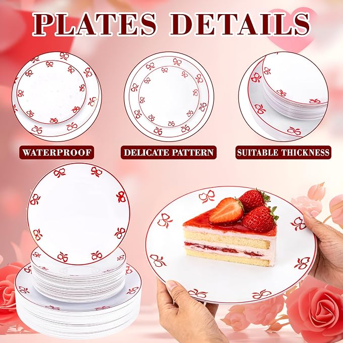 125PCS Red Bow Plastic Plates - White and Red Rim Disposable Plates - 50 Elegant Plates with Bowknot Patterns, 25 Forks, 25 Spoons, 25 Knives for Birthday Wedding Party