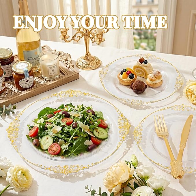 102PCS Clear Gold Plastic Plates - Clear Disposable Plates with Gold Rim - Elegant Party Plate Include 51PCS Dessert Plates, 51PCS Dinner Plate for Weddings & Parties