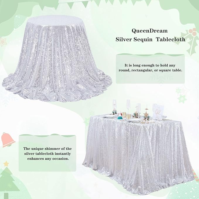 QueenDream Silver Sequin Tablecloth 90x90 Inch Gillter Table Cloth for Birthday Wedding Home Party Decorations