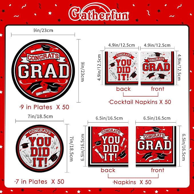 Gatherfun Graduation Party Supplies Dinnerware Set red Disposable dinner paper plates dessert paper plates and Napkins for Congrats Grad Party Decorations, Serve 50