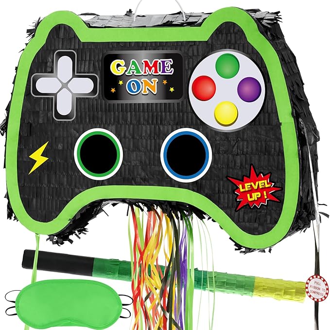 WERNNSAI Foldable Video Game Piñata - Pull String Gaming Birthday Party Supplies Extendable Piñata with Blindfold Bat and Tassels Game On Birthday Party Decoration Folding Piñatas for Classroom Game
