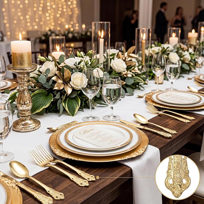 WDF 120PCS Gold Plastic Silverware - Heavy Duty Gold Plastic Cutlery Set Disposable Utensils - 40 Forks, 40 Spoons, 40 Knives, Perfect for Party Weeding Daily Use Baby Showe Spring