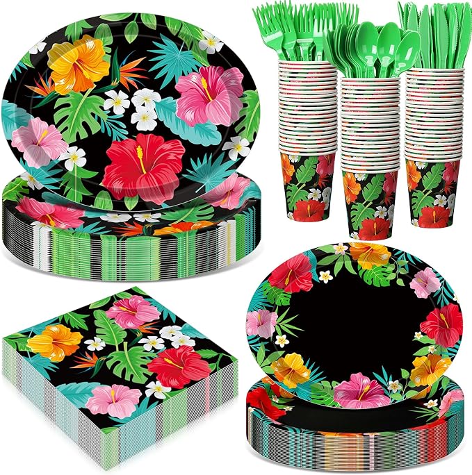 Pajean 350 Pcs Hawaiian Luau Party Supplies 12 in Disposable Tropical Aloha Oval Plates and Napkins Set Hibiscus Floral Heavy Duty Paper Tableware Set for 50 Guests Summer Pool Beach Party Decorations