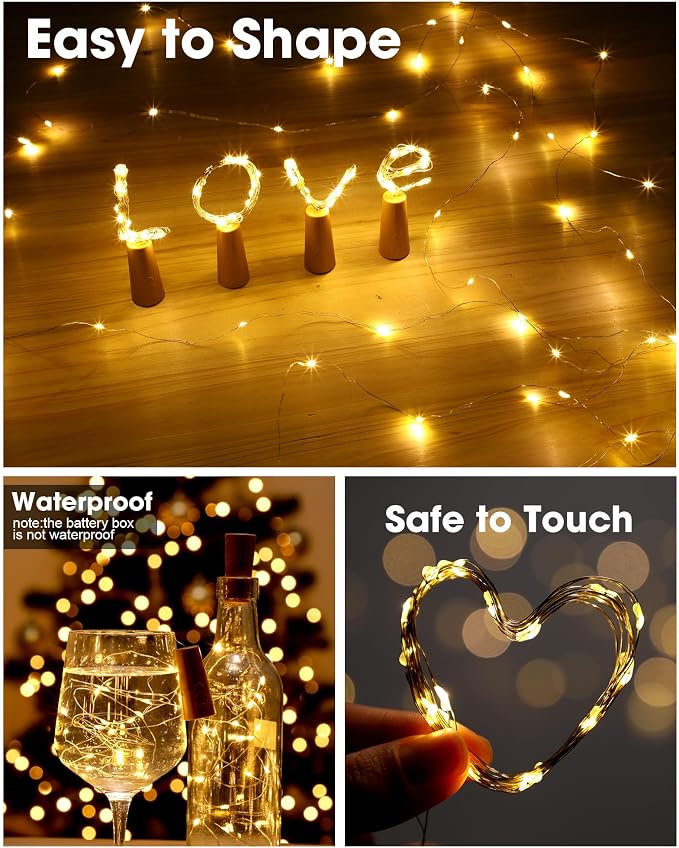 Hortsun 80 Pack Wine Bottle LED Lights with Cork Fairy Mini String Lights Battery Operated Mini Waterproof 7 ft Silver Wire 20 LED Cork Shape for Valentines, DIY, Party, Decor, Wedding (Warm White)
