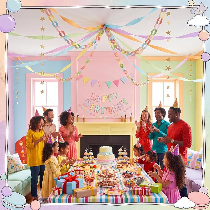 Mifoci 313 Pcs Happy Birthday Decorations Kit 300 Sheets Paper Chains Strips Birthday Felt Banner 492 ft Crepe Paper Streamers 52.4ft Star Garlands for Party Supplies DIY Crafts (Macaron Colors)