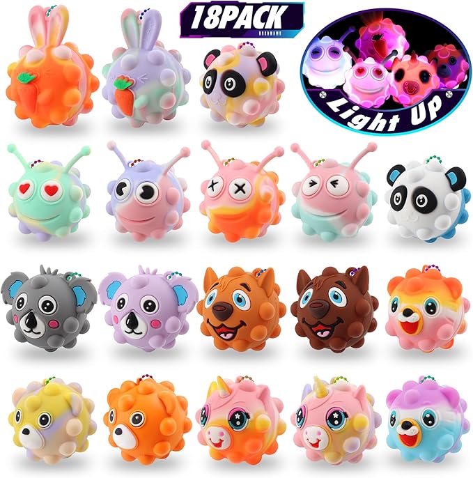 18PCS Light Up Fidget Balls Party Favors, 2 inch 3D Animal Pop Balls Fidget Toys, Party Favors for Kids 4-12, Goodie Bags Stuffers, Pinata Stuffers, Birthday Gifts, Classroom Prizes, Treasure Box Toys