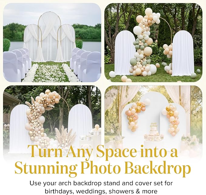 Metal Arch Backdrop Stand and Cover Set – 3 Gold Frames (7.2ft, 6ft x2) with White Wrinkle-Free Spandex Covers, Water Weights, Bags & Case – Wedding, Birthday, Baby Shower, Party Decor
