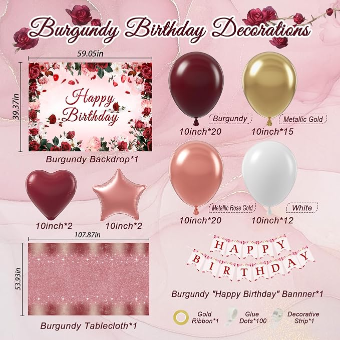 Burgundy Birthday Decorations, Burgundy Rose Gold White Balloons Happy Birthday Banner Tablecloth Backdrop for Happy Birthday Decorations for Women Adults
