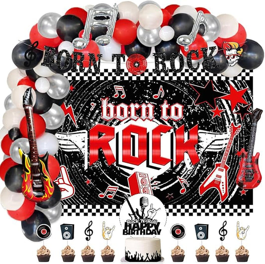 95 PCs Rock and Roll Party Decorations, Hombae Rock Music Themed Birthday Party Supplies Born to Rock Backdrop Balloon Garland Glitter Banner Cake Cupcake Topper Guitar Rock Star Black Red Silver