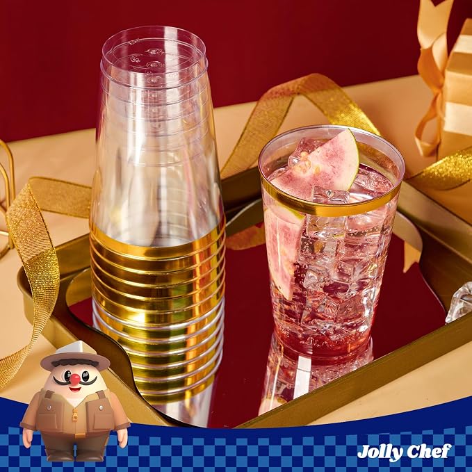 JOLLY CHEF 100 Pack Gold Plastic Disposable Cups, 12 oz Clear Plastic Cups Tumblers, Elegant Gold Rimmed Disposable Glasses for Wedding, Thanksgiving Day, Christmas