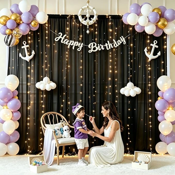 20 x 10ft Black Chiffon Backdrop Curtain with Lights String for Parties,4 Panels Sheer Tulle Curtain Wedding Backdrop for Baby Shower Birthday Party Ceremony Reception Home Decorations