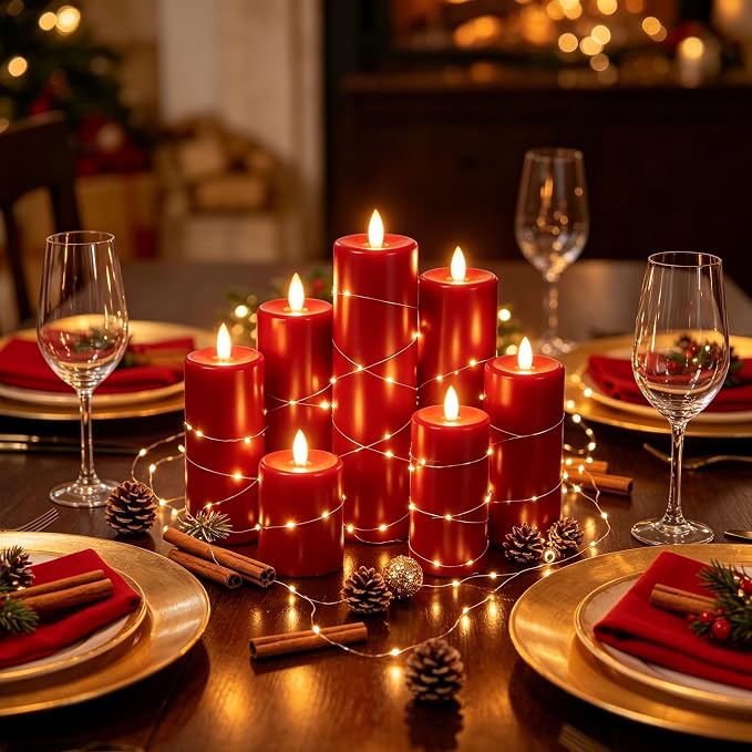Da by 5 Pack Red Real Wax Flameless Taper Candles, Lifelike Flickering LED Candles with Copper String Lights, Battery Operated Candles with Remote for Holiday Wedding Home Decor
