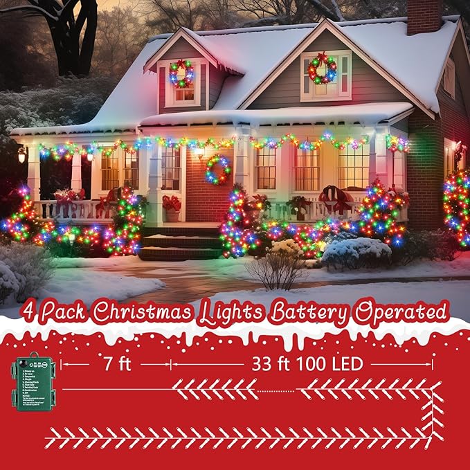 Brightown Christmas Lights Outdoor Battery Operated, 4 Pack Total 132FT 400 LED Battery Fairy Light with Timer,8 Mode,Waterproof Christmas String Light for Outside Indoor Bedroom, Multicolor