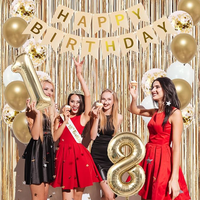 Trgowaul Happy 18th Birthday Decorations for Girls, Banner, Sash and Crown, Cake Topper, 18 Number Balloon, Fringe Curtains, Champagne Gold 18th Birthday Party Supplies