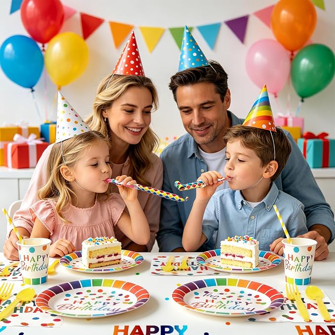 163pcs Colorful Happy Birthday Party Supplies Decorations Set-Rainbow Dot Design Disposable Tableware Kit with Plates,Napkins,Cups,Straw,Balloons,Party Blower,Tablecloth for Kids Boys Girls