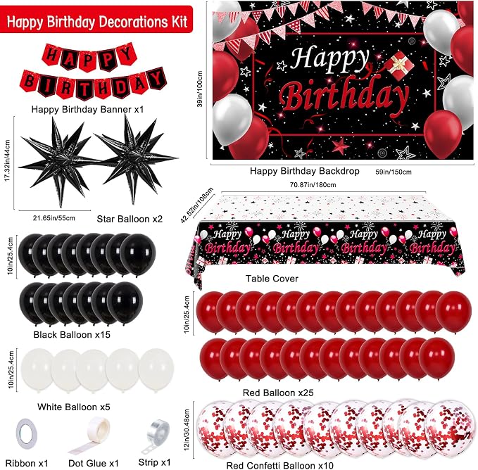 Red Birthday Decorations for Men Women Boys Girls, 75 PCS Red and Black Party Decorations Happy Birthday Backdrop Banner Party Supplies Confetti Star White and Black Balloons Arch Tablecloth