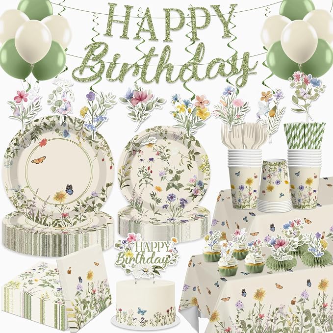 Wildflower Party Decorations for Girl, Flower Birthday Party Supplies Set with Banner, Plates, Cups, Napkins, Balloons, Tablecloth & Cake Toppers Serves 25