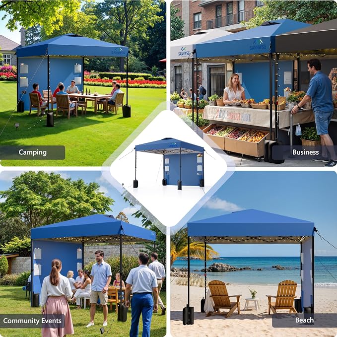10X10 Pop Up Canopy Tent with Wall,Removable Pockets Sidewall for Extra Storage,Heavy Duty One Person Set Up Event Tent,Easy Up Canopy with One Push Button,Blue