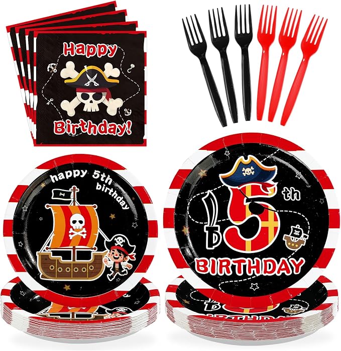 96Pcs Pirate 5th Birthday Party Decoration Pirate Fifth Birthday Plates and Napkins Red Black Ship Skull Disposable Paper Tableware Set for Kids Boys 5 Year Old Party Supplies Serves 24