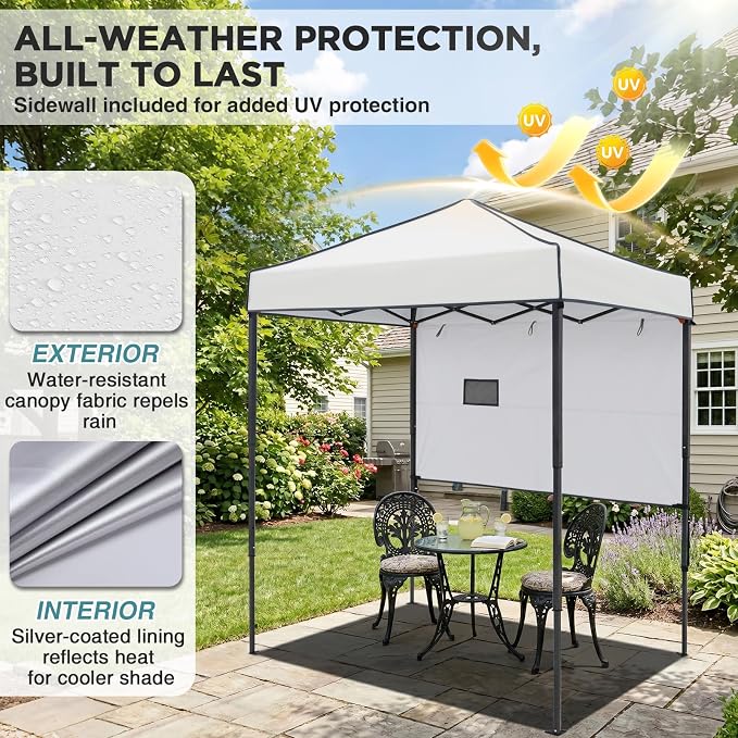 EAGLE PEAK 6x4 Instant Pop Up Canopy Tent with 1 Half Wall Panel, Straight Leg Sun Shelter, Portable Canopy with Carry Bag for Camping, Beach & Sports, White