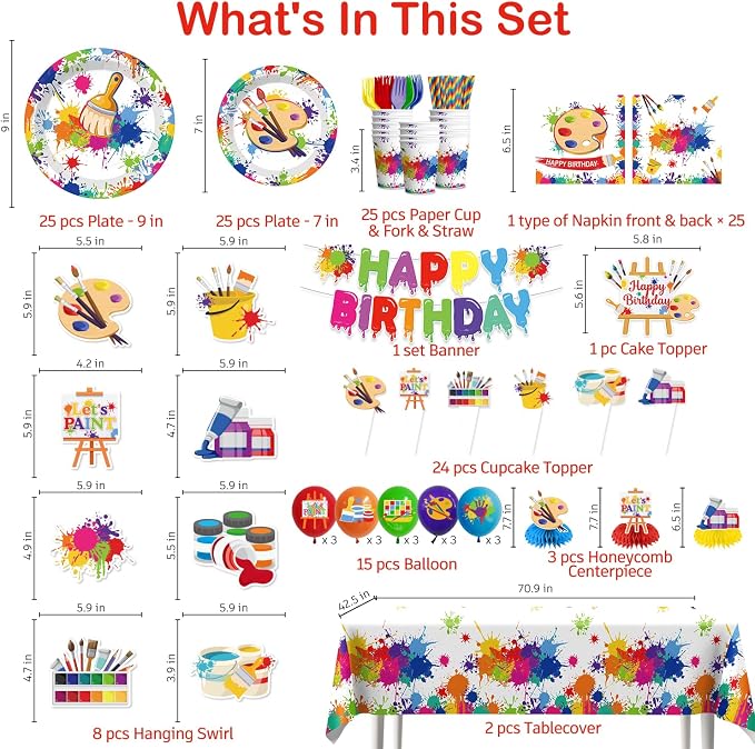 212pcs Paint Party Decorations for Kids and Art Lovers, Convenient Disposable Paper Tableware Set Includes 350gsm Plates and 2 PE Plastic Tablecloths for Paint Party and Celebration