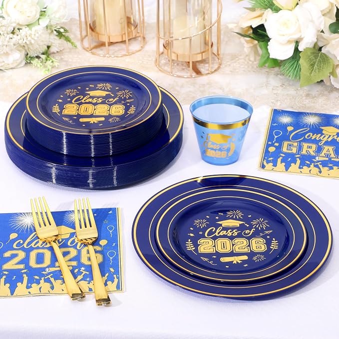150 Pcs 2026 Graduation Plastic Plates with Disposable Silverware Serves 30 Guests, Blue Gold Graduation Disposable Plates Including 30 Dinner&Dessert Plates, Cups, Napkins, Gold Forks for Party