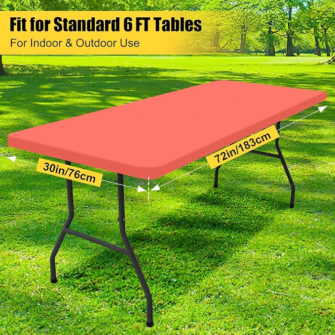 Smiry 6 Pack Rectangle Picnic Table Cloth, Waterproof Elastic Fitted Tablecloths, Washable Polyester Rectangular Patio Table Cover for Camping, Indoor and Outdoor (Coral Red, 30"x72")