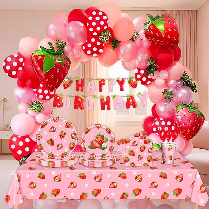 229Pcs Strawberry Birthday Party Decorations,Strawberry Party Supplies Balloon Arch,Strawberry Decor Tableware Set Plates Fork Cups Napkins and Tablecloth