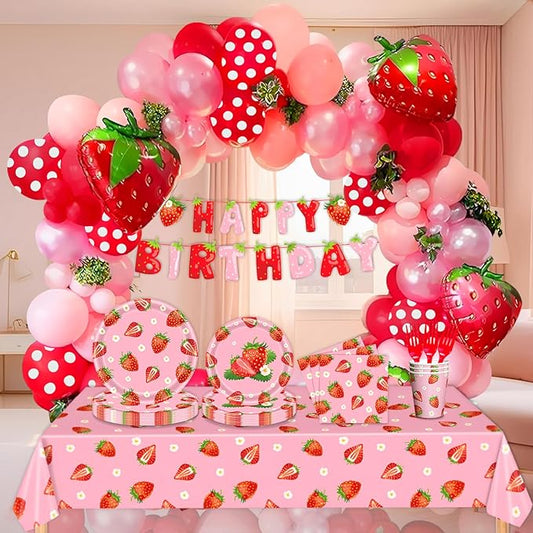 229Pcs Strawberry Birthday Party Decorations,Strawberry Party Supplies Balloon Arch,Strawberry Decor Tableware Set Plates Fork Cups Napkins and Tablecloth