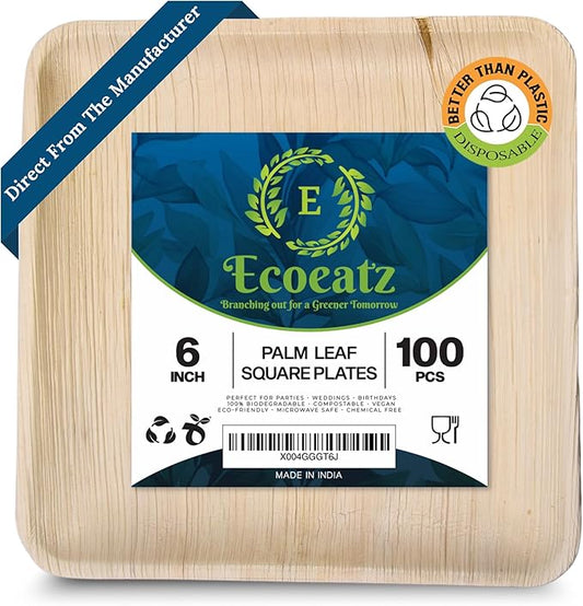 100 Pack 6" Square Bamboo Plates Disposable - Compostable Palm Leaf Style Plates for Appetizers, Cocktails, and Desserts, Strong, Sustainable, Decorative, Birthday, Camping, Outdoor BBQ, Picnic