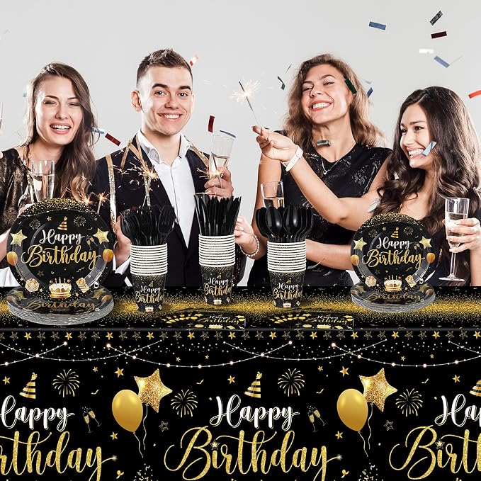 Vesici 171 Pcs Happy Birthday Party Supplies 24 Set Disposable Party Tableware include Plates Cups Napkins Cutlery and Banner Tablecloth Birthday Dinner Decorations for Men Woman(Black, Gold)
