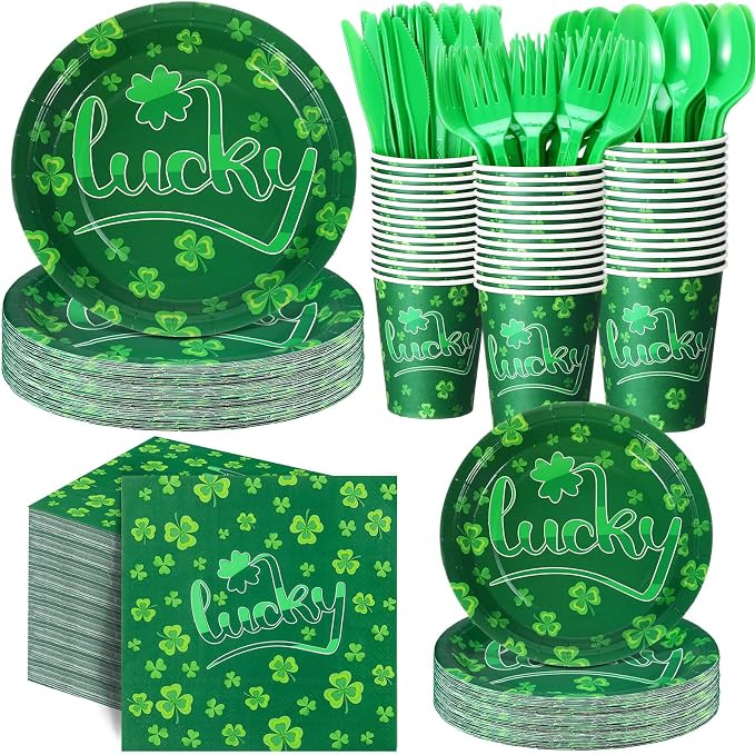 Pickmesh 400 Pcs St Patrick's Day Party Decorations, Shamrock Paper Plates Napkins Cups and Plastic Cutlery Set, Lucky Clover Green Disposable Tableware for Irish Party Supplies, Serve 50 Guests