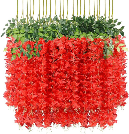 U'Artlines 24 Pack (Total 86.4 Feet) Artificial Fake Wisteria Vine Rattan Hanging Garland Silk Flowers String Home Party Wedding Decor (24, Red)