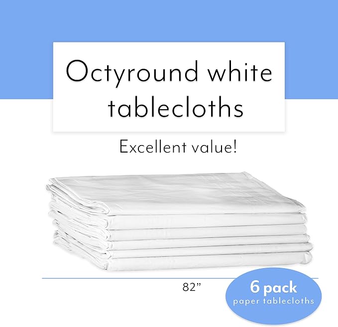 Upper Midland Products White Paper Table Cloths for Round Tables - 82” Octyround Paper Tablecloths with Plastic Backing Round Paper Table Cover (6-Pack)