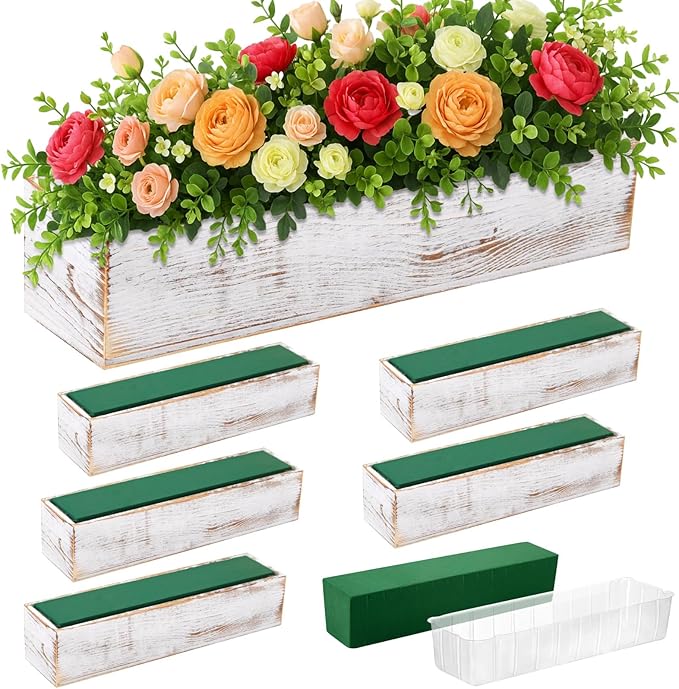 Dandat 6 Set Wood Boxes for Centerpieces 16x4 Inch Rectangle Wooden Planter Box Rustic Wooden Planters with Removable Plastic Liner Floral Foam Blocks for Christmas Wedding Home Garden Decor(White)