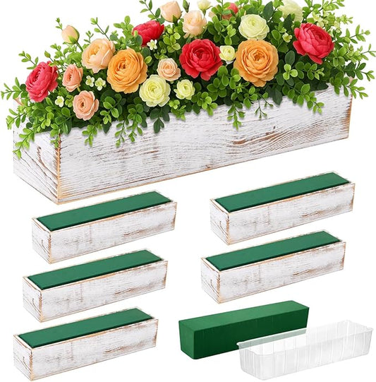 Dandat 6 Set Wood Boxes for Centerpieces 16x4 Inch Rectangle Wooden Planter Box Rustic Wooden Planters with Removable Plastic Liner Floral Foam Blocks for Christmas Wedding Home Garden Decor(White)