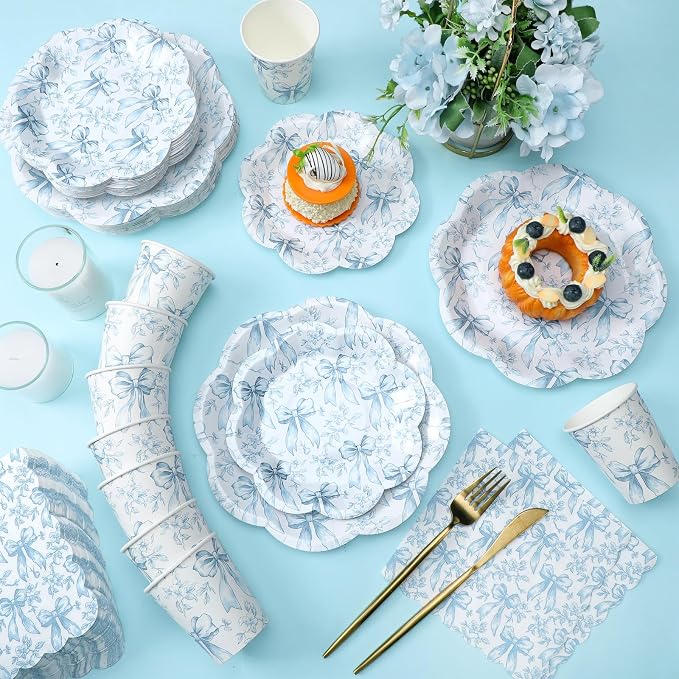 Newtay 250 Pcs Blue Bow Floral Disposable Plates and Napkins Bow Coquette Disposable Tableware Set for 50 Guests Blue Flower Paper Plates Napkins Cups for Wedding Bridal Shower Party Supplies